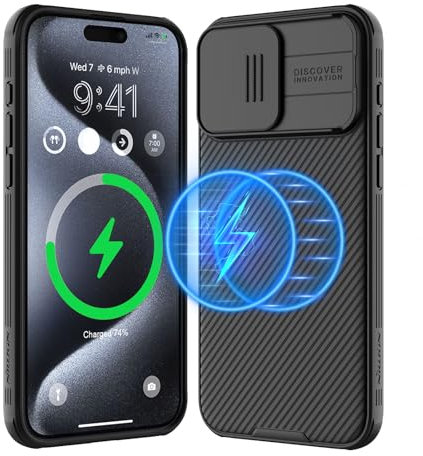 Nillkin Magnetic for iPhone 15 Pro Case, Upgraded Slide Camera Cover, Compatible with Magsafe, Slim Shockproof Protective Phone Case for 15 Pro 6.1 inch, Black