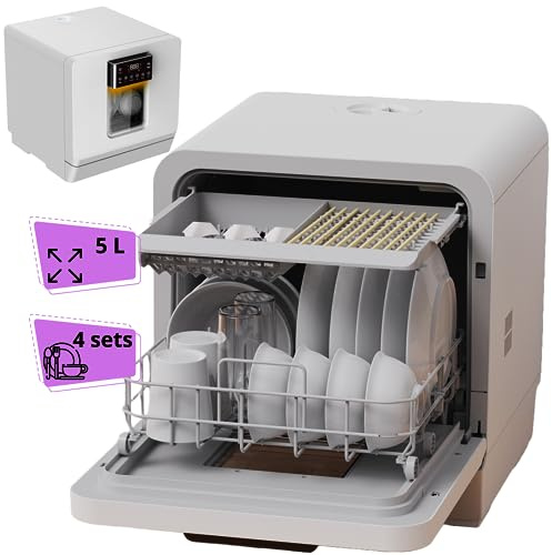 Mini lave vaisselle sans raccordement. Petit lave vaisselle 4 couverts. Lave vaisselle compact avec programmes de lavage, séchage et désinfection. Lave vaisselle de table portable (A)