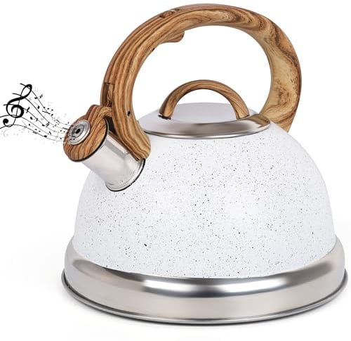 Belle Vous Tetera Blanca 3L de Inducción con Silbato - Hervidor de Agua Silbante Vintage para Cocina de Gas o Induccion Vitroceramica Cocina o Camping - para Te Café e Infusiones