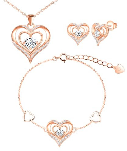 CONILOK Damen Schmuck Herz Kette Armband Ohrstecker Silber 925 Sets Zirkon Love Charms Anhänger Halskette Geschenke für Frauen Freunde Geburtstag Weihnachtstag Valentinstag Roségold