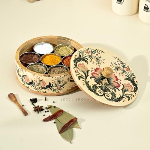Brick Brown ® Handcrafted Wooden Ikat Bloom Masala Box for Kitchen | Masala Dabba | Spice Jars | Spice Rack Organizer Storage Box with 7 Containers and 1 Wooden Spoon(8.25x3.75 Inch)