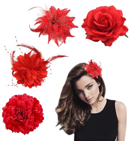 Lot de 4 barrettes à cheveux en forme de fleur pour femme - Élégantes broches à fleurs rouges pour mariage, Halloween, fête (rouge)