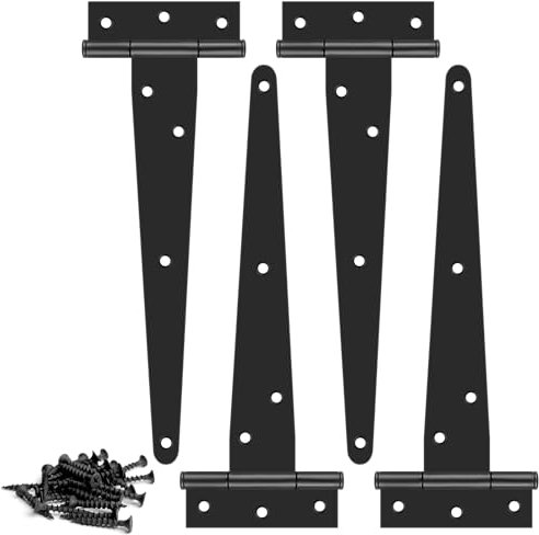 Shed Door Hinges, 8 Inch (200mm) Heavy Duty Outdoor T Hinges, 4 Pack Black Strap Tee With Screws for Wooden Garden Gate Window Barn