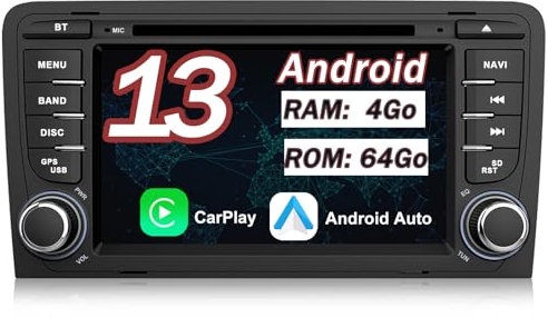 AWESAFE Autoradio Android 13 (4Go+64 Go) pour Audi A3 S3 RS3 8P (2003-2012) avec Carplay Android Auto 7 Pouces GPS WiFi USB SD Bluetooth Commande au Volant