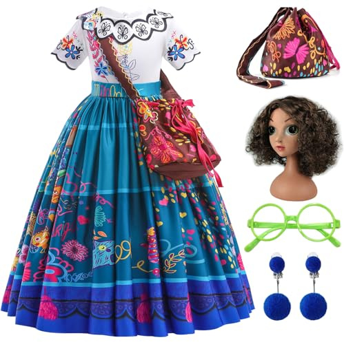 XFOZDM Prinzessin-Kostüm Prinzessinnen kostüm Prinzessin-Kleid für Mädchen mit Perücke Umhängetasche, Brille und Ohrringen für Kinder Verkleidung für Halloween Weihnachten,Karneval Cosplay,150cm