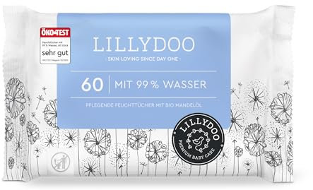 LILLYDOO Baby Feuchttücher mit 99% Wasser, 60 Stück, 100% plastikfreies Tuch, ohne Parfüme & mild wie Watte und Wasser