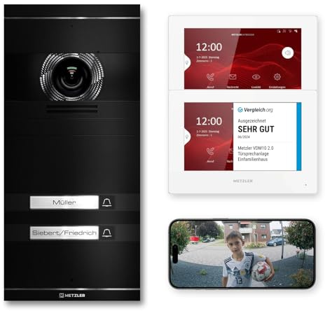 Metzler VDM10 2.0 Video Sprechanlage Komplett Set mit austauschbarem Namensschild - Anschluss LAN/POE - Türsprechanlage mit HD-Kamera und Bildschirm für 2 Familienhaus, in Schwarz aus V2A Edelstahl