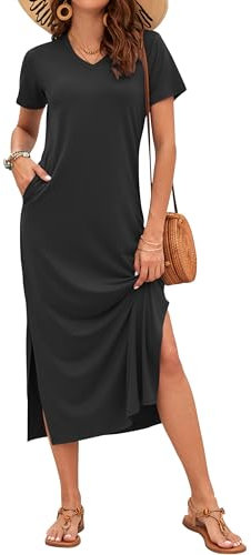 AUSELILY Summer Dress for Women - Short Sleeve Maxi Beach Dress V Neck Sundress Slit Dress with Pockets Elegant Dresses Black M