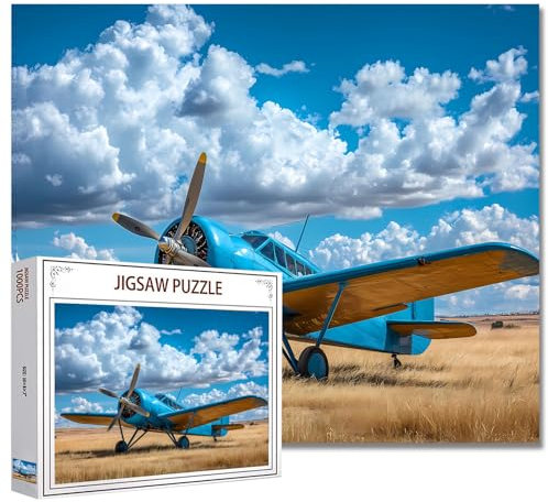 Vintage Blue Fighter Plane Jigsaw Puzzle 1000 Pieces Puzzles for Adults,Aircraft Airplane Jigsaw Puzzles for Challenging Family Activity Games DIY Puzzle for Home Wall Decor Gifts - 20 x 27 Inches