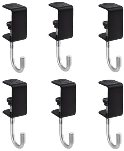 Loopunk Desk Bag Hooks Headphone Hanger Stand, Adjustable Metal Under Desk Clamp Hook Mount for Backpack Table Purse Clothes Portable Desk Mount Bag Holder Hook Clamp, Save Space(Black 6pcs)