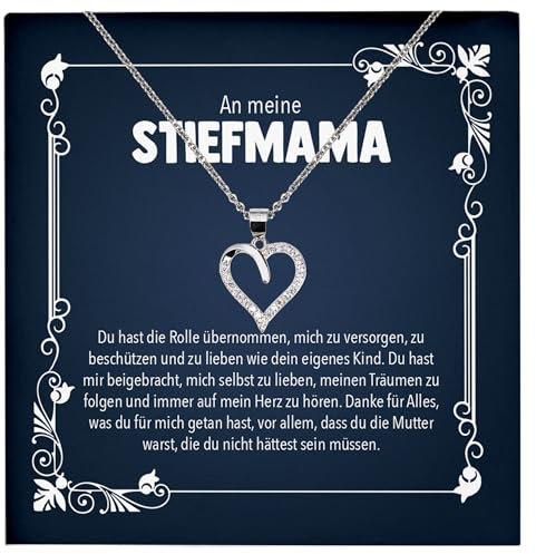 22Feels Stiefmama Geschenk Silber 925/000 Herz Halskette Stiefmutter Muttertag Frauen Schmuck mit Karte Geburtstag Weihnachten Stiefeltern Bonus Mutter Patchwork