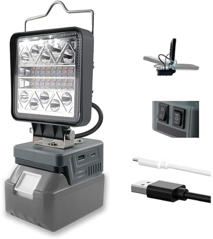 TPDL Lampada a batteria per Makita 18 V, 4800 lm, lampada da lavoro a LED con connettore USB A & Type-C, 180°, faretto LED girevole a 6 modalità di luminosità, per cantieri senza fili, colore: blu