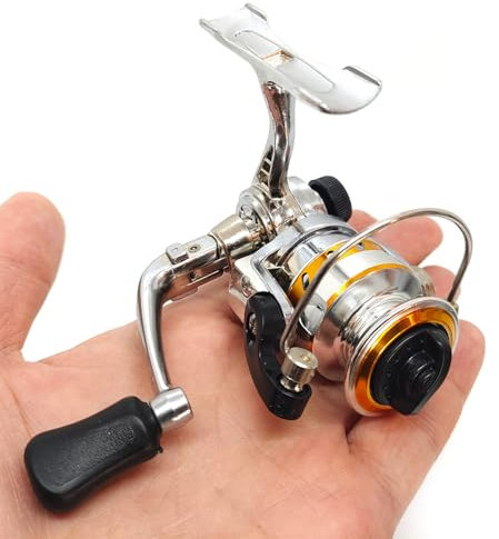 Micro Compact Spinnrolle, Mini 100 Metall Kleine Angelrolle für Süßwasser und Ganzjahresangeln (Schwarz & Silber)