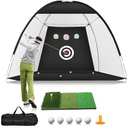 Golf Practice Net 10x7Feet (300x200cm) with Tri-Turf Mat set Golf Training Chipping Aid Nets with Reduce Noise Nylon Target