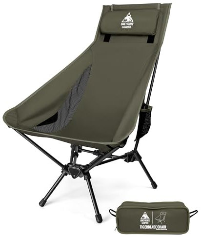 OneTigris TIGERBLADE Campingstuhl Hochlehner faltbar 170 kg, Klappstuhl Camping leicht Dreiecksrahmen, Angelstuhl klappbar mit 2 Seitentaschen, Faltstuhl Ultraleicht für Outdoor, Wandern(Ranger Grün)