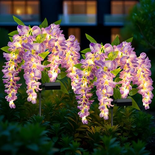 FWLWTWSS Solar Flower Lights Outdoor Garden, Wisteria Garden Ornaments Outdoor, 2 Packs Flower Solar Lights with 104 LEDs, Waterproof, for Yard Lawn Patio Porch Pathway Cemetery Decorations (Purple)