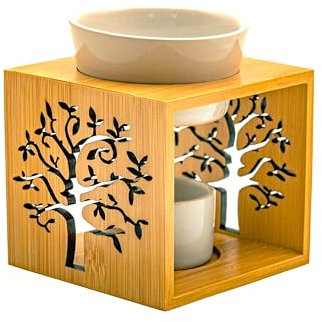 LivuX Lampe aromatique - Humidificateur avec structure en bois au design arbre de vie, bol en porcelaine et photophore - Hauteur : 11 cm - Largeur : 9,5 cm - Diffuseur de parfum naturel - 1122
