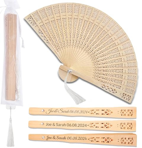 zyinoant 50Pcs Personalized Wooden Hand Fans Wedding Favors For Guests Bulk Foldable Fans Handheld Personalized Wedding Party Gifts With Tassel Yarn Bags (50)