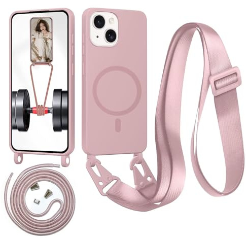 Beajew Handykette für iPhone 13 Mini Hülle mit Band [Kompatibel mit Magsafe] Flüssig Silikon Necklace Handyhülle Magnetische Schutzhülle zum Umhängen Kordel für iPhone 13 Mini, Sandpulver