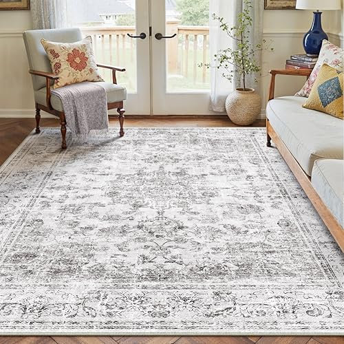 PureCozy Teppich Wohnzimmer Grau 120x180cm Waschbarer Vintage Wohnzimmerteppich Kurzflor Weich rutschfest Schlafzimmer Carpet Living Room Esszimmer Bedroom Büro Teppiche