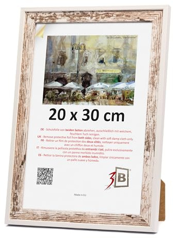 3-B Bilderrahmen SALO DUO - Vintage-Weiß (Rustical mit sichtbarer Holzmaserung) / Weiß - 20x30 cm - Holzrahmen, Fotorahmen, Portraitrahmen mit Acrylglas