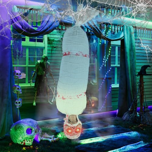 Own1one 35 Sccary Halloween Animated Decorations with Cobweb & Fake Spiders, Hanging Halloween Corpse with LED Light Up Eyes & Sound Effect for Indoor & Outdoor Decorations