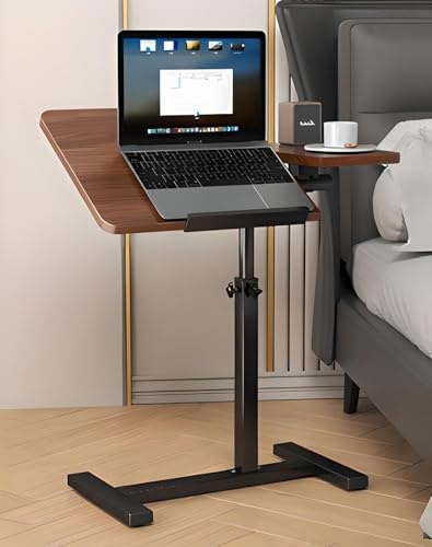YYW Table de lit réglable avec roulettes, bureau inclinable, noyer | Hauteur réglable, support pour ordinateur portable, inclinable sur le dessus, finition noyer durable, mobilité facile