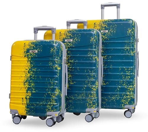 CBA 3-Piece Luggage Set – Navy Blue & Yellow – Cabin, Medium & Large Suitcases – ABS PC Hard Shell, Removable 360° Spinner Wheels, TSA Lock, Built-in Cup Holder, Bonus Emergency Wheel