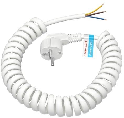 Schutzkontakt Verlängerungs Kabel - 15M, Anschluss Spiralkabel Kunststoffleitung Verlängerungsleitung, IP20 Innenbereich mit Schuko Stecker, Schuko-Stromkabel 230 V / 16 A, White