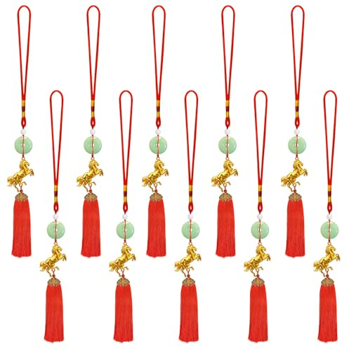 10 Stück Chinesische Neujahrsdekoration 2026 „Jahr des Pferdes“, Chinesischen Neujahr Dekoration Knoten, Frühlingsfest Metall Pferde Anhänger mit Roten Quasten für Feng Shui