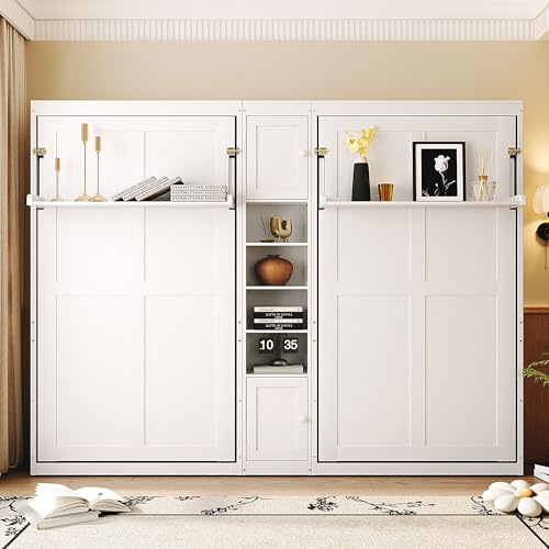 Harper & Bright Designs Dual Twin Size Murphy Bed, Wooden Wall Bed with Cabinets and Shelves, White