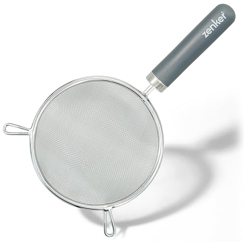 Zenker Medium 14cm Stainless Steel Sieve with Rounded Plastic Handle | Fine Mesh for Sifting Flour, Cocoa Powder, Straining Vegetables Rice and Pasta, Dishwasher Safe, Grey, 27.5x14.4x5cm