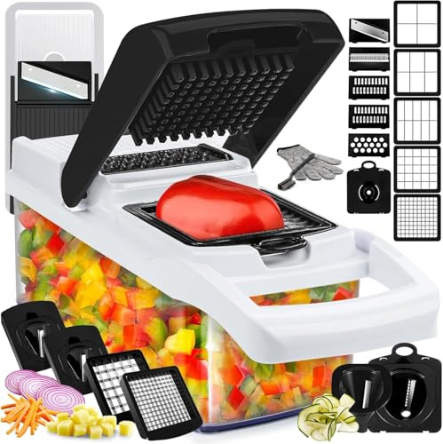 Cortador de verduras multifuncional 25 en 1, 13 cuchillas de acero inoxidable de grado alimenticio, rebanadora-dicera-espiralizador con recipiente de 1,25L, antideslizante y anti-corte, para cocina