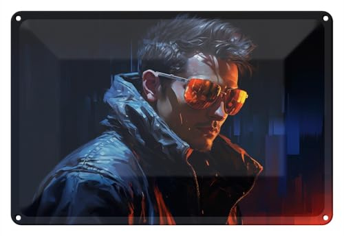 Wallario Blechschild Wandbild aus Metall Ernster Typ mit Sonnenbrille - 20 x 30 cm in Premium-Qualität: Brillante Farben