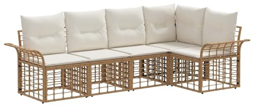 vidaXL Outdoor-Sofagarnitur 5 pcs Natürlich und Cremweiß Polyester, Moderne, wetterfeste, verstellbare Fußpolster, Sitzgruppe für draußen, modulare Lounge-Sofa-Set