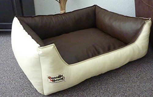 Hundebettenmanufaktur Hundebett Hundesofa Schlafplatz Kunstleder Similpelle Farbe und Größe wählbar von XS bis XXL (80 cm X 60 cm, Creme braun)