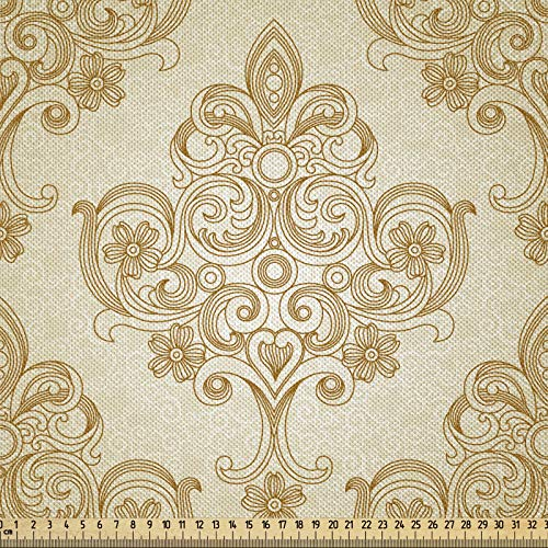 ABAKUHAUS Jahrgang Stoff als Meterware, Barocke Gebogene Blumen, Seidiger Satin Stoff Zum benähen von Heimtextilien, 2M (148x200cm), Hellbraun Creme
