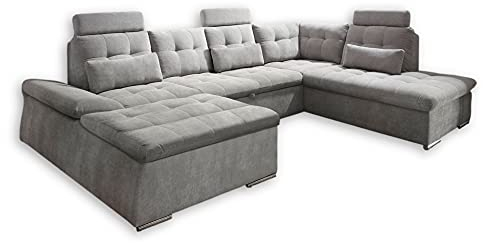Stella Trading NALO Wohnlandschaft in U-Form, Stoffbezug Schlamm - Ausziehbares Sofa mit Schlaffunktion und Bettkasten - 324 x 107 x 170 (218) cm (B/H/T)