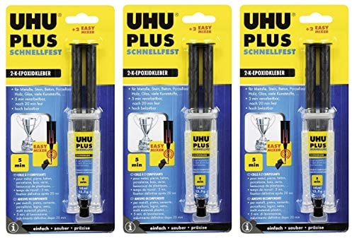 3x UHU 2-Komponentenkleber Plus Schnellfest, Schneller und glasklarer 2K-Klebstoff mit integriertem Mischer, 15,5 g