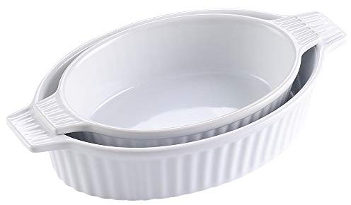 MALACASA, Serie Bake.Bake, 2-TLG. Set Porzellan Backform Kuchenform Brotbackform Back Schale Auflaufform Ofenform Teller Suppenteller in 2 Größe Weiß2