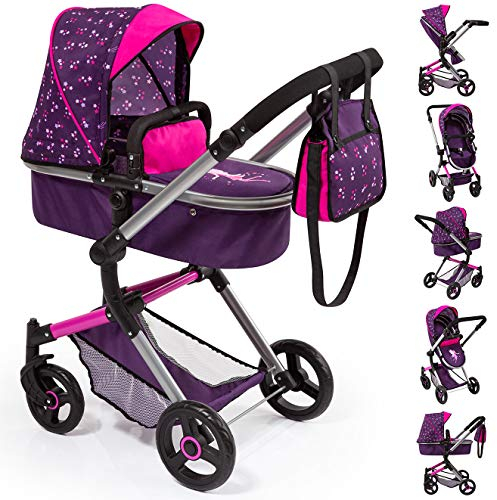 Bayer Design 18479AA Kombi Puppenwagen Neo Vario mit Wickeltasche und Einkaufskorb, umwandelbar in einen Sportwagen, höhenverstellbar, lila, Fee mit Muster
