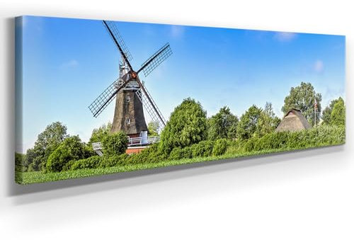 Atemberaubendes Nordsee Bild als Panorama Leinwand 150x50cm, Motiv Windmühle auf Föhr. Ein einzigartiges XXL Wandbild als Deko für Wohnzimmer, Schlafzimmer, Küche. Aufgespannt auf Holzrahmen