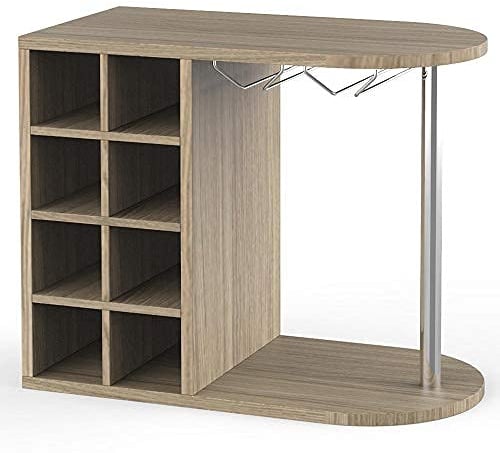 BAKAJI Scaffale Cantinetta Bottiglie Vino Liquori da Parete o Tavolo, Struttura in Legno Cantina con 2 Ripiani 8 Posti Portabottiglie e Rastrelliera Porta Calici in Metallo 42x52x28 cm (Quercia)