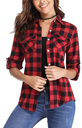 Totatuit Flannel Checked Long Sleeve Tops Women V Neck Button Down Casual Ladies Shacket Blouse Plaid Shirt Red