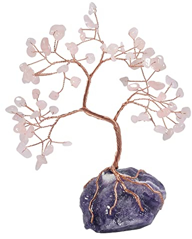 KYEYGWO Rosenquarz Heilung Kristall Geldbaum auf Natürlichen Amethyst Rohstein Base, Feng Shui Bonsai Baum Kristallbaum Figuren Stein Ornament Edelsteinbaum Haus Deko für Glück, Reichtum
