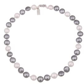 Leslii Damen-Kette Bicolor Perlen-Kette Muschelkern Perlen-Collier kurze Kette Modeschmuck Grau Weiß