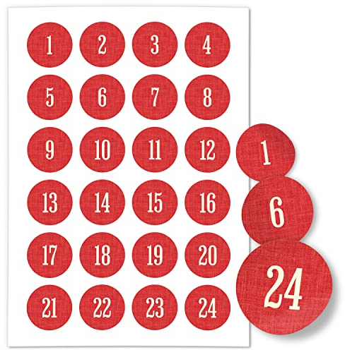 Adventskalender-Zahlen Aufkleber 1 bis 24 / Schlicht auf Rot/Etiketten/Sticker/Weihnachtskalender/Advent/Rund/DIY/zum Aufkleben