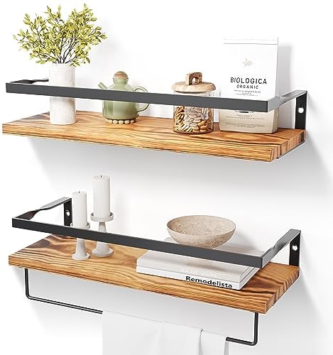 DifferTemp Wandregal Holz, Küchenregal Wand mit Handtuchhalter, Hängeregal, Gewürzregal Wand, Badezimmer Wandregal, Holzregal Wand 2er Set, Wall Shelf, 40cm