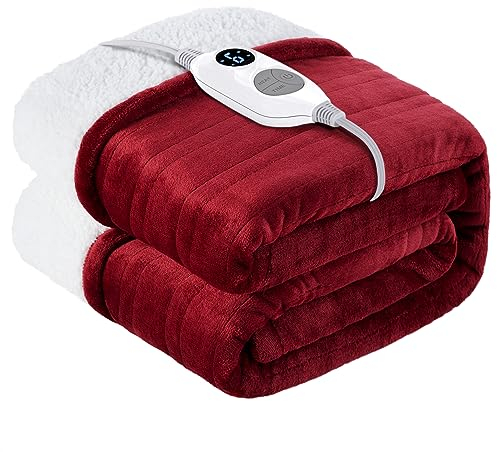 Warmrest Electric Heated Blanket Throw 𝐅𝐥𝐚𝐧𝐧𝐞𝐥 𝐒𝐡𝐞𝐫𝐩𝐚, 6 Heat Levels Fast Heating, 1 to 10 Hours Auto-Off Detachable Controller, Machine Washable Blanket for Sofa, Red 130x160cm