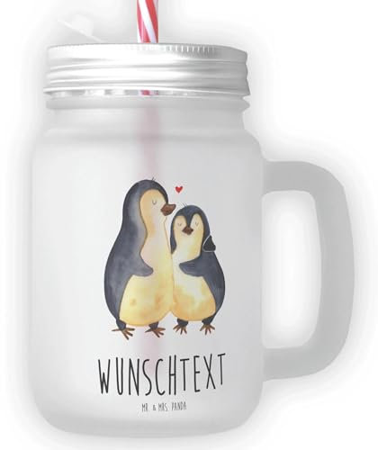 Mr. & Mrs. Panda Personalisiertes Trinkglas Mason Jar Pinguin umarmen - Personalisierte Geschenke, Glas Für Sommergetränke Mit Wunschtext, Hochzeit,